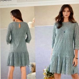 Sundance windflower whisper blue lace drop waist three-quarter sleeve dress